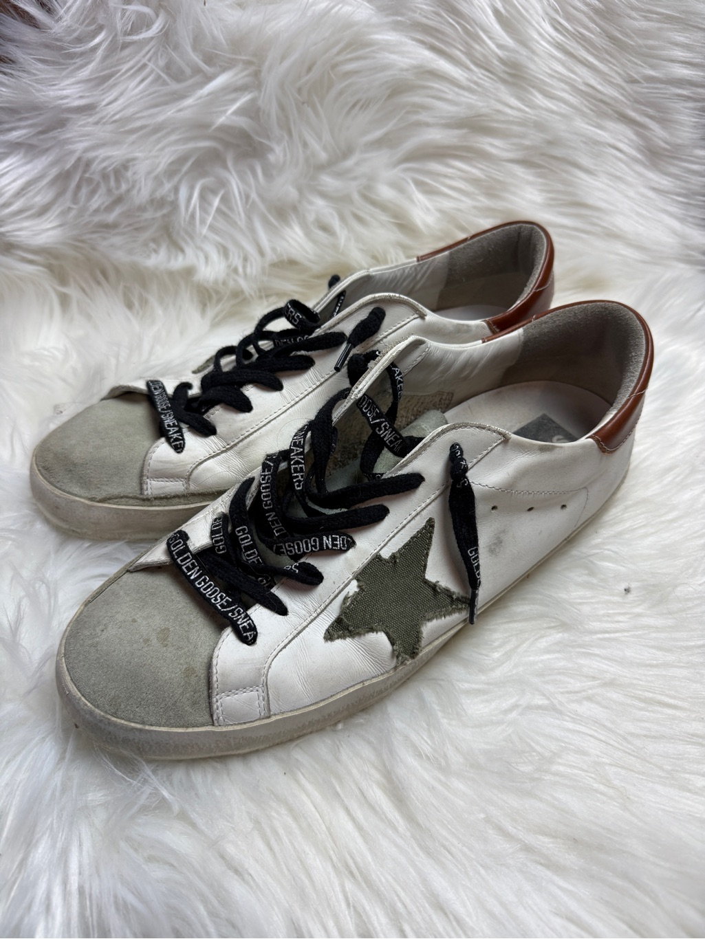 Golden Goose Superstar White Leather Star Sneakers With Olive And Brown